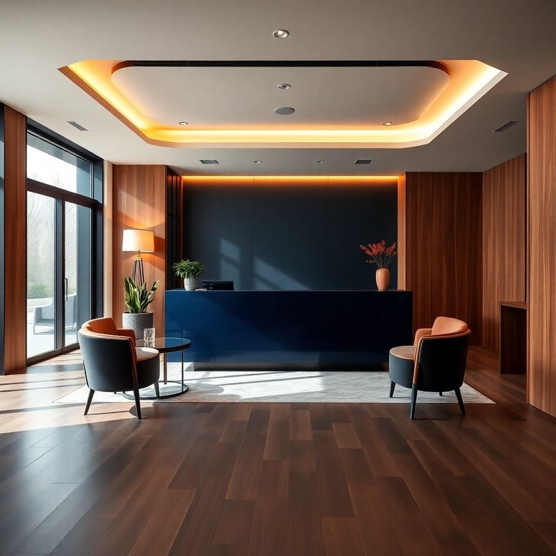 Zonă de recepție a biroului Modern Casa, cu tonuri indigo și lemn cald